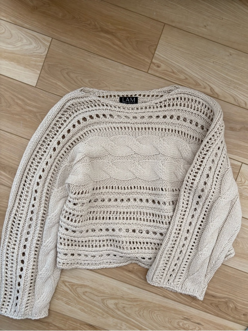 Open-Knit Chunky Cable Crew Sweater Cream Neutral Boxy Relaxed Fisherman